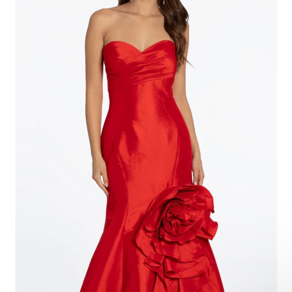 Camille La Vie Red Stretch Taffeta Mermaid Dress with Ruffle Flower Hem